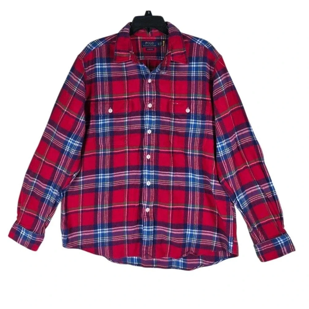 Polo Ralph Lauren Flannel Shirt Shacket Mens XL Classic Fit Red Blue Plaid LS